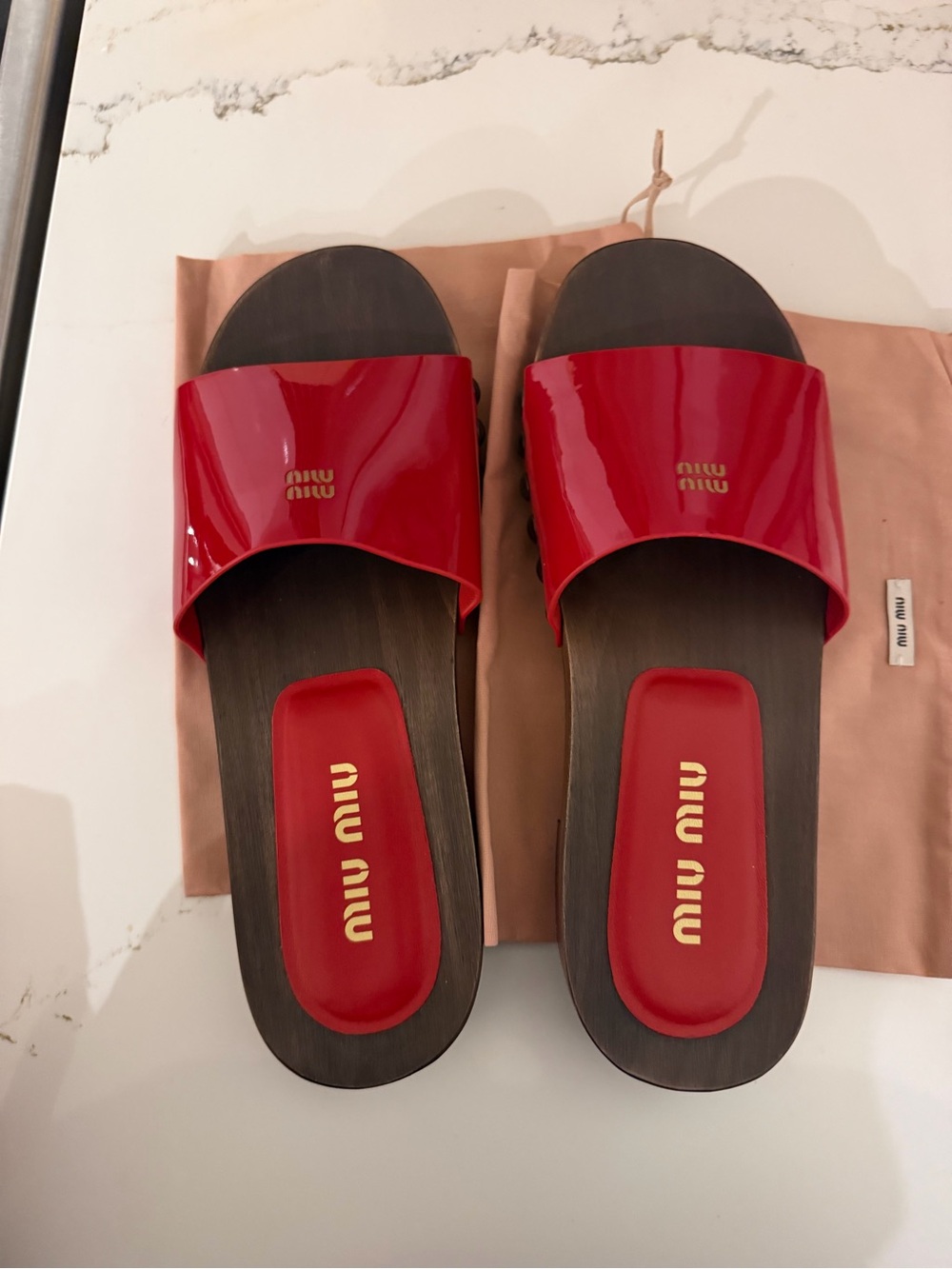 Miu Miu Glossy Red Patent Clogs with Wooden Heel, size 37 (size 8.5)